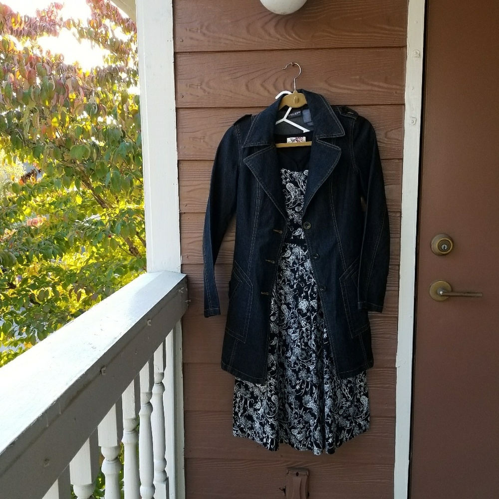 Dress and denim trench coat